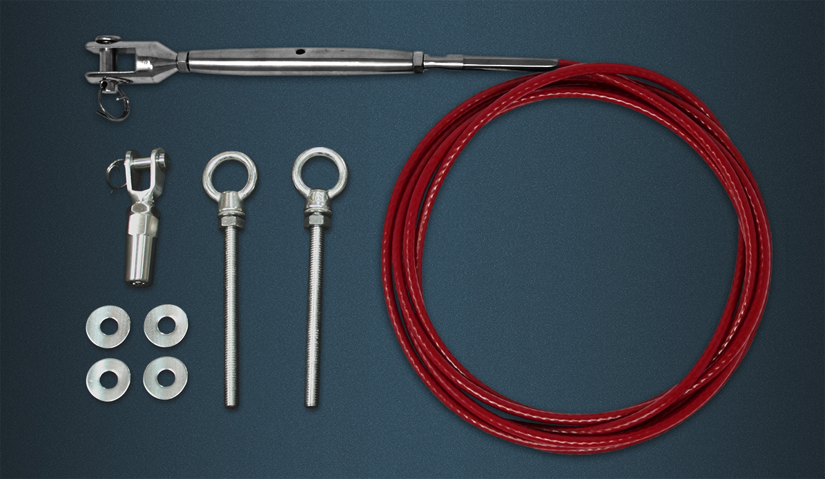 Wire Rope Tention Kit Contence - Length of Red Coated Wire Rope, Pre-swaged Rigging Screw, Self Fit Fork, Two Eyebolts