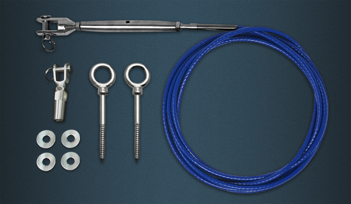 Wire Rope Tention Kit Contence - Length of Blue Coated Wire Rope, Pre-swaged Rigging Screw, Self Fit Fork, Two Eyebolts
