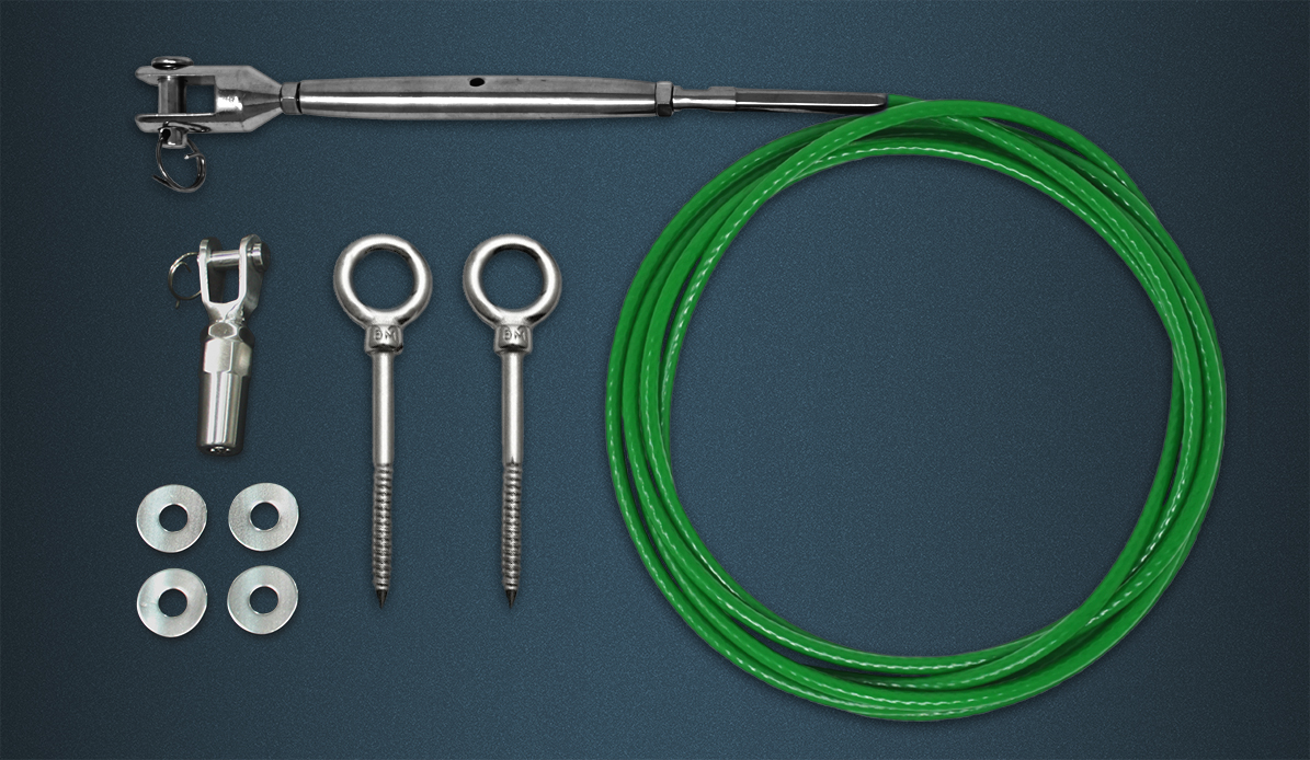 Wire Rope Tention Kit Contence - Length of Green Coated Wire Rope, Pre-swaged Rigging Screw, Self Fit Fork, Two Eyebolts