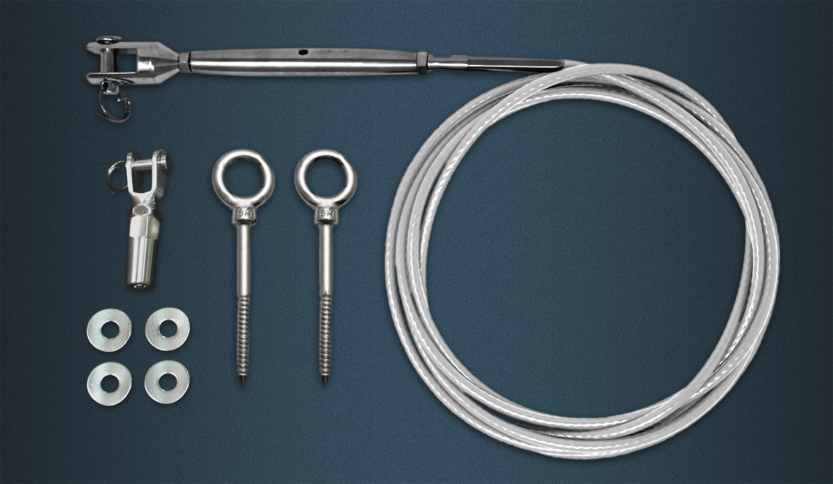 Wire Rope Tention Kit Contence - Length of White Coated Wire Rope, Pre-swaged Rigging Screw, Self Fit Fork, Two Eyebolts