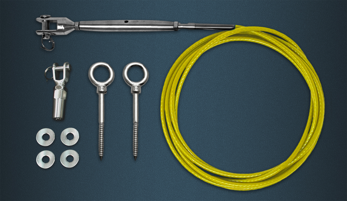 Wire Rope Tention Kit Contence - Length of Yellow Coated Wire Rope, Pre-swaged Rigging Screw, Self Fit Fork, Two Eyebolts