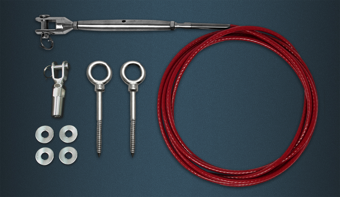 Wire Rope Tention Kit Contence - Length of Red Coated Wire Rope, Pre-swaged Rigging Screw, Self Fit Fork, Two Eyebolts