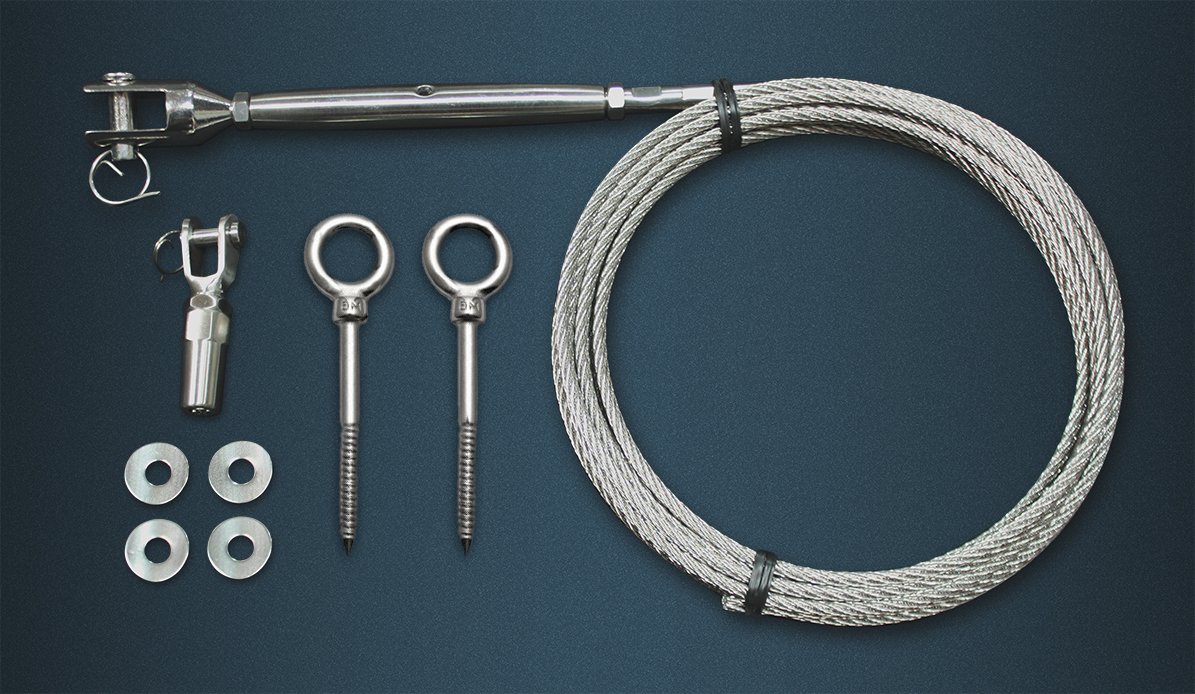 Wire Rope Tention Kit Contence - Length of Wire Rope, Pre-swaged Rigging Screw, Self Fit Fork, Wood Thread Two Eyebolts and Four Washers